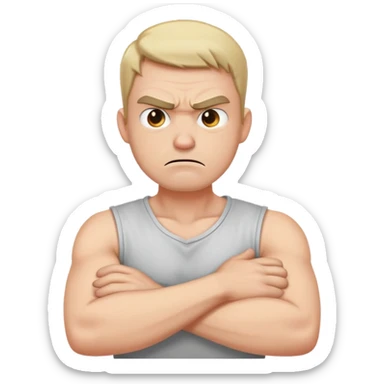 angry guy with crossed arms holding his neck sticker