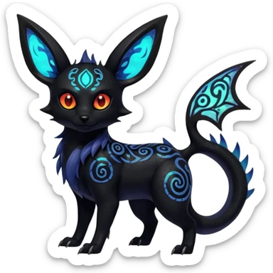 Shiny Fiery Dark Ugly Evil Realistic Glowing Eldritch Horror Cool Edgy Badass Emo Glorious Demonic Batty Punky Aural Iridescent Fluorescent Bioluminescent Umbreon-Amaura-Salandit-Litten-Flareon-Fakémon-fusion (full body) with intricate pattern markings sticker