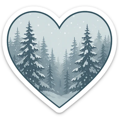 heart with a snowy evergreen forest, clean digital illustration sticker