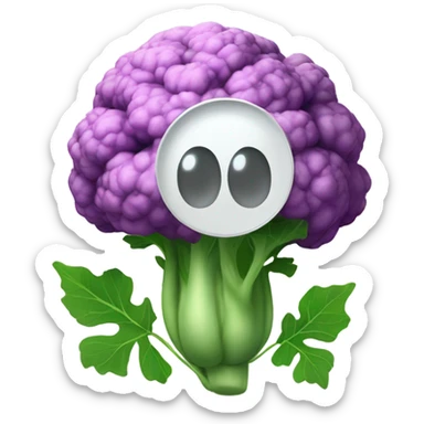"Create a 3D cauliflower character with a mysterious face, big eyes, and green leaves, holding a mirror in its leafy hands, floating in the air. Background: white (#FFFFFF)." sticker