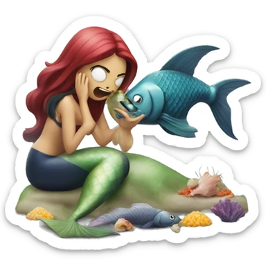 mermaid devouring fish while man watches sticker