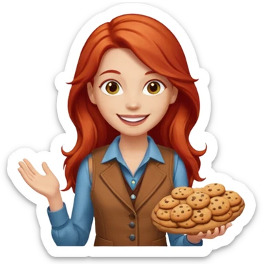 white girl scout with red long hair selling cookies with a brown vest sticker