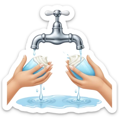 Deux mains sous un robinet avec des gouttes d'eau et du savon sticker