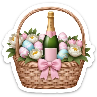 White Picnic basket with light pink bow, white peonies, pink easter eggs and one pink champage bottle inside sticker