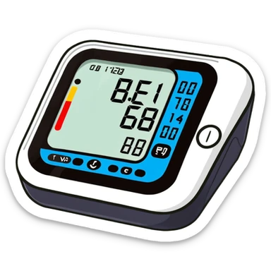 Digital blood pressure monitor showing high reading with numbers on display, hypertension sticker