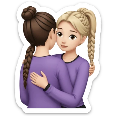 Comforting Hug two white skin women, one shorter woman with medium brown simple top ponytail, not braided, and one taller woman with a single long black side braid sticker