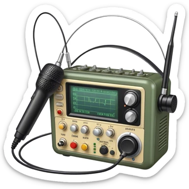 A photorealistic icon featuring a ham radio transceiver, headphones, microphone, antenna, radio equipment like soldering tools and cables, soldering iron in use. The design includes detailed textures and realistic lighting. Transparent background. sticker