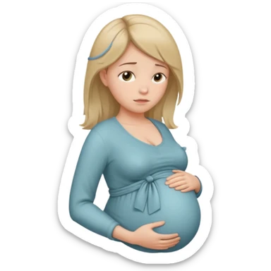 pregnant woman with neatly tied hair looking tired touching her big belly softly and breath slowly sticker