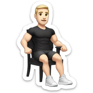 Pale skinned Fit Man With the biceps and dark brown hair in black shirt, gray sports shorts and white Sneakers Sitting on a chair sticker