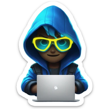 developer behind his laptop with this style : Riot Games Valorant neon glowing bright blue character blue black hooded assassin themed character sticker