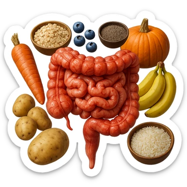 intestino umano anatomico infiammato con carota, bowl di avena, mirtilli, bowl di semi di chia, patate, banane, zucca, bowl di riso che gli fluttuano dietro, iperrealistico 4k sticker