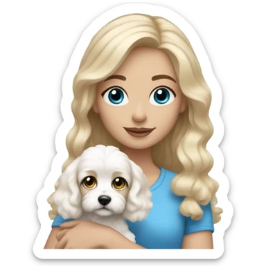 Blonde-haired girl with blue eyes, cute top and holding white cavachon dog sticker