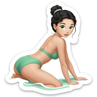 Fullbody nude very beautiful white young woman very beautiful face with freckles, green almond eyes long lashes, wavy  black hair in a bun i big boobs, big ass, sexy body,  bending over, getting ready for sex, realistic, big ass, busty but skinny, white socks on, and gray bikini but rest nude sticker