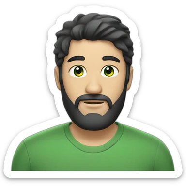 Man with black hair and beard, and green eyes, gray caps sticker