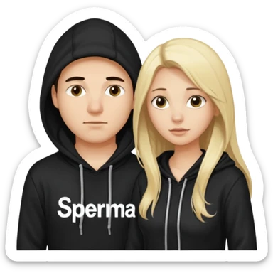 chce by to byla taka emotka 🙍‍♂️
chlopaka z czarnymi losami i czarna bluza z biaty.m
napisem "sperma" na srdoku i zeby za nim stala taka ladna blondynka z dlugaimi wlosami i ona  ciagnaca za sznurek od
kaptura od bluzy tej pierwszej osobyl sticker