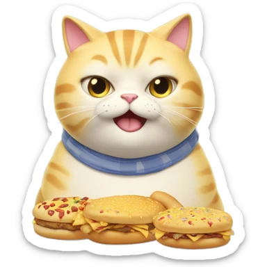 a jumbo cute fat yellow cat is eating a all junk food sticker