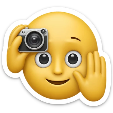 A 3D Apple-style yellow emoji character, classic round shape, using both hands to form a rectangular “camera frame” in front of its face, fingers extended and slightly curved, focused expression with raised eyebrows, cartoonish eyes looking through the frame, clean minimal background sticker
