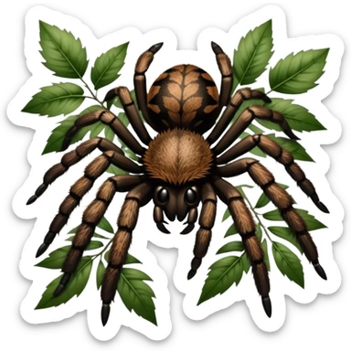 Giant hairy tarantulas (bird-eating spiders) in their natural habitat, surrounded by leaves and branches, with detailed textures of their legs and fur. Soft lighting highlights their features. Transparent background. sticker
