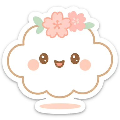 vanilla-colored cloud doe, floating with rosy cheeks and a cherry blossom crown, brand mascot for social media sticker
