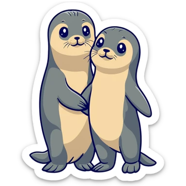 funny fur seal in the arms of a young girl who is standing next to her boyfriend sticker