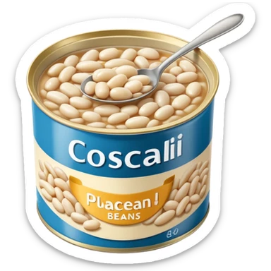 open tin can filled with plump glossy white beans in light slightly starchy broth, smooth oval beans gently piled with natural glisten, metallic shallow partially opened can, no label spoon or garnish, soft lighting, subtle shadows, emoji scale sticker
