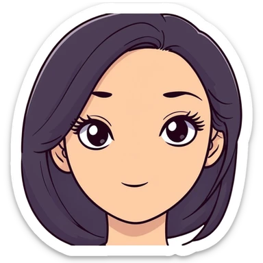 White girl with long oval shaped face, large almond shaped eyes with long eyelashes, long straight black hair falling in front of her bare shoulders, face closeup sticker