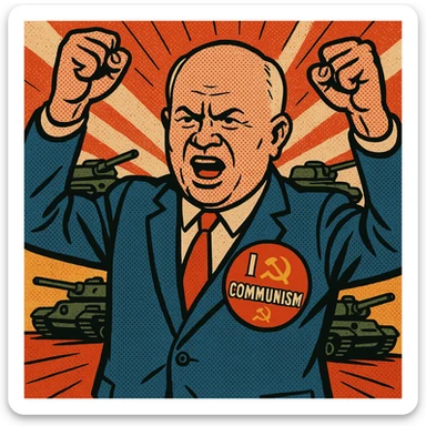 Soviet leader Khrushchev looking aggressive holding his fists in the air. He is wearing a blue suit with a large 'I love Communism' sticker on his chest.  In the background are soviet tanks. sticker