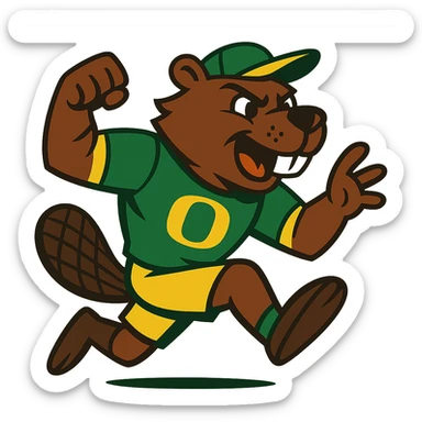 beaver as a sports mascot, dynamic pose, Oregon colors green and yellow, vibrant toon style sticker