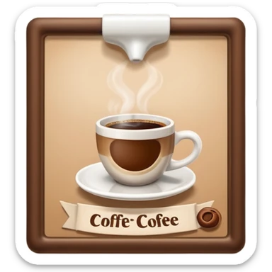 A 3D cartoon coffee shop advertisement poster hanging on a wall, showing a cup of coffee, visible border, flat lighting, Memoji-style. sticker