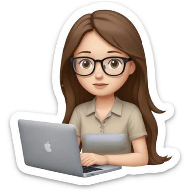 Girl in glasses,brown long hair, beige shirt, sitting with gray MacBook sticker