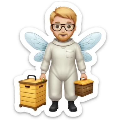full body medium size bee keeper with  short light strawberry blonde hair and goatee wearing glasses  sticker