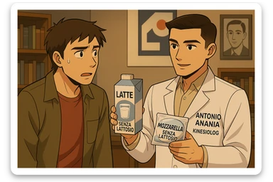 fai un webtoon manga a colori con questo stile, in cui un uomo ASCOLTA Il kinesiologo con il camice bianco (fagli anche la scritta "ANTONIO ANANIA" SUL CAMICE, IL KINESIOLOGO SPIEGA ALL'UOMO UNA MOSTRANDO VARI PRODOTTI DA SUPERMERCATO CONFEZIONATI (TIPO SCATOLA DI LATTE SENZA LATTOSIO, MOZZARELLA SENZA LATTOSIO), OGNI CONFEZIONE HA LA SCRITTA "SENZA LATTOSIO SULL'ETICHETTA. L'UOMO OSSERVA IL KINESIOLOGO CON ESPRESSIONE CONFUSA IN VOLTO. non fare i fumetti però, fai solo in modo che sembri stiano parlando sticker