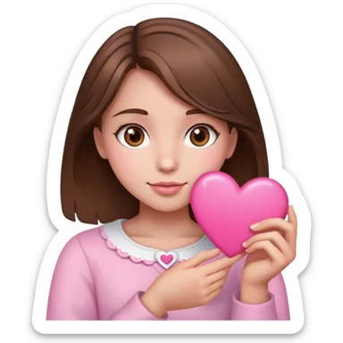 Girl whit brown hair and eyes holding a pink heart sticker