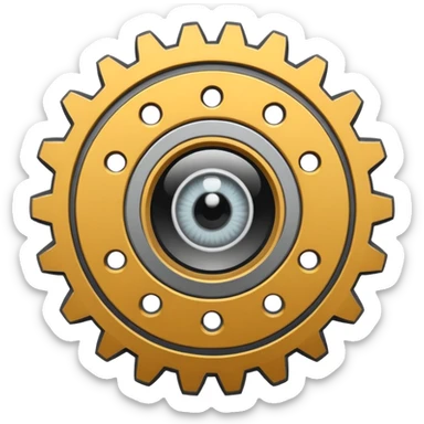 Minimalist emoji-style sticker of a mechanical gear with a realistic eye in the center. Flat graphic icon in grayscale. sticker