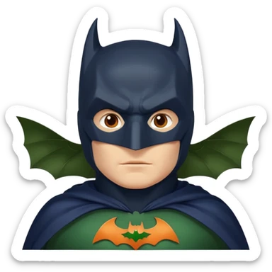 generate a batman emoji with just the face and neck showing and part of the cloak and and wings. Shade the bat logo on the chest in a medium green with a slight olive touch. Shade the mask in dark navy blue and the the cloak in a solid vibrant orange.

 sticker