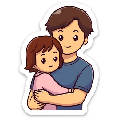 Brown-eyed, short-haired brown-haired man hugs his brown-eyed, three-year-old daughter with shoulder-length brown hair sticker