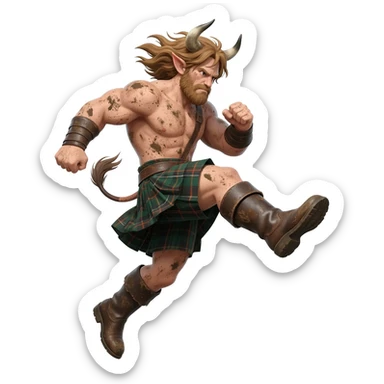 big buff curly hairy man covered in dirt with freckles with messy light brown bangs that covers his face completely with bull horns and bull ears and bull tail dressed in kilt jumped up kicking with his strong leg in boots with wind in his hair sticker