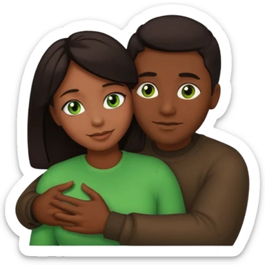black man and woman with dark hair and green eyes in a warm hug, emoji style sticker