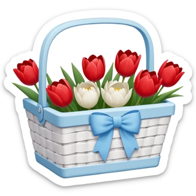 A white Picnic basket with pastel blue bow, white peonie, tulips sticker