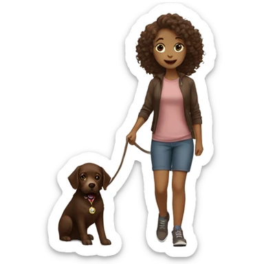 pretty girl with curly hair and she is walking a dog that is a chocolate lab sticker