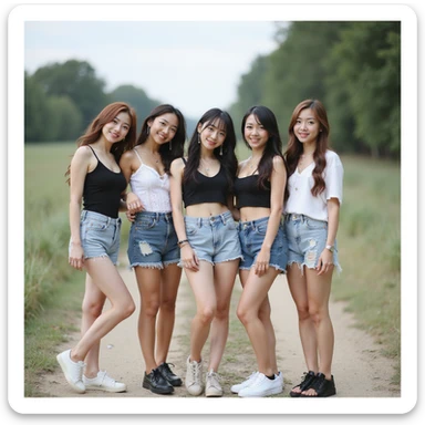 Blackpink, K-pop group, group pose, photorealistic, casual summer outfits, outdoor setting, relaxed and happy sticker