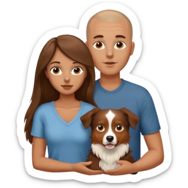 Man with shaved head holding woman with very long brown hair and one Aussie dog sticker