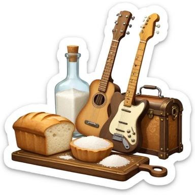 steampunk victorian - a bottle of salt (salt shaker) and a loaf of peasant bread with a small electric telecaster guitar - still life composition sticker