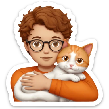 Boy with curl brown hair and glasses hugs white and orange cat sticker