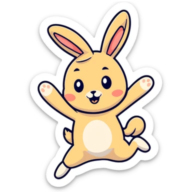 beige bunny jumping and making peace signs, cartoonish sticker style sticker