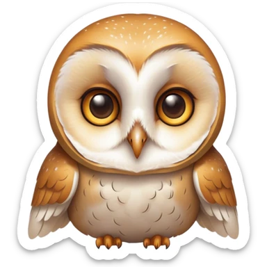 Cinematic Cute Barn Owl Portrait Emoji, Head tilted playfully and inquisitively, featuring a softly mottled Fur of white and brown with delicate feather patterns, round, sparkling amber eyes filled with curious wonder, Simplified yet irresistibly adorable features, highly detailed, glowing with a warm, friendly glow, high shine, affectionate and gentle, stylized with a touch of barnyard whimsy, bright and endearing, soft glowing outline, capturing the essence of a mischievous yet loving owl, so playful it feels like it could swoop out of the screen and into your arms! sticker