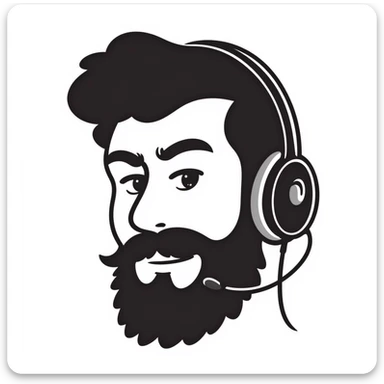 Serious face of a man with black hair, brown eyes, black beard, wearing a gaming headset sticker