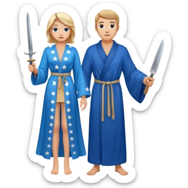 An upright Europe (a tall woman), wearing a blue, flowing robe with stars on the hem. In the background stands a man, with a knife sticker