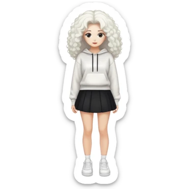 Female with slim hourglass figure, white big hair, wearing white sweatshirt, black skirt, and white shoes, full body pose sticker