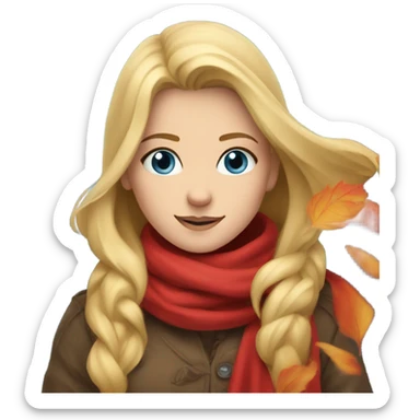 Blonde, blue-eyed girl in red scarf with falling leaves  sticker